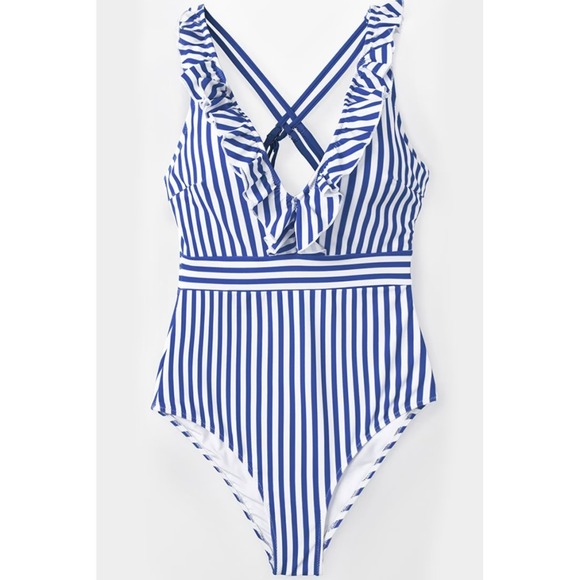 Blue and White Striped Women's Swimsuit - Picture 5 of 8